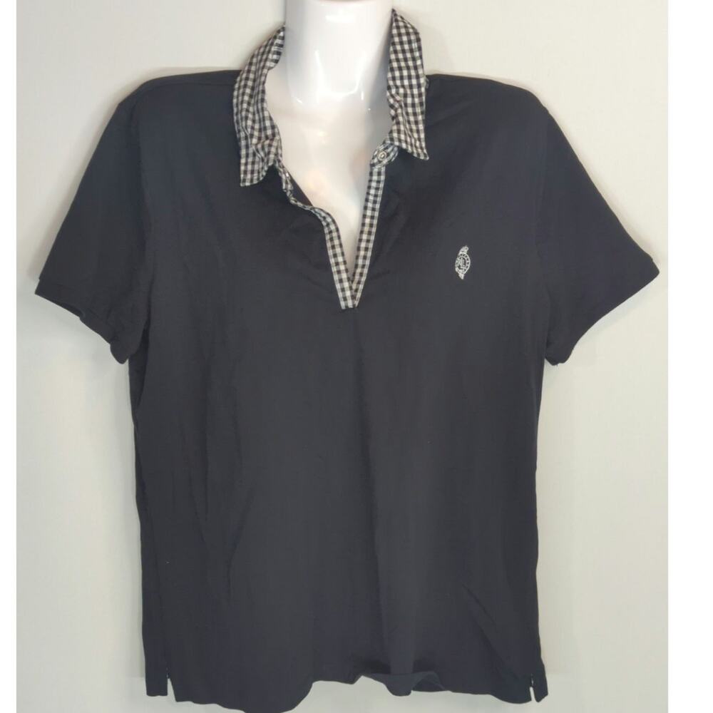 L-RL Lauren‎ Active Black Checked Collar Polo Shirt Womens XL Outdoor Coastal